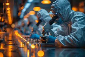Close up of scientists in protective suits using microblades and microscope to study test tubes on table, blurred background with other laboratory equipment and blue color theme, generated with AI