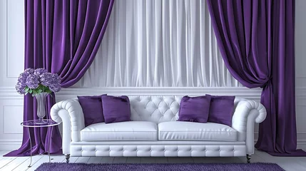 Foto op Canvas Design excellence with AI a?" See a white sofa and regal purple curtains blend seamlessly, casting a spell of pure luxury in your visual landscape © Waqar
