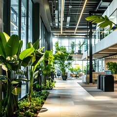 An indoor office space with lush green plants fostering a sustainable and nature-friendly corporate environment, focusing on business productivity and employee wellbeing. - obrazy, fototapety, plakaty