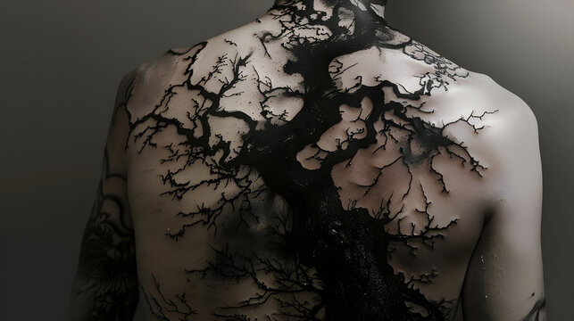 A dramatic monochromatic image of an intricate tree tattoo covering the back portraying the cycle of life