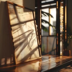 A realistic 3D render of a poster frame close-up near a window, showcasing a well-lit and inviting scene.