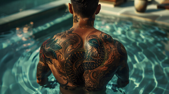 A man's muscular back adorned with a traditional black tattoo featuring cultural motifs and shades