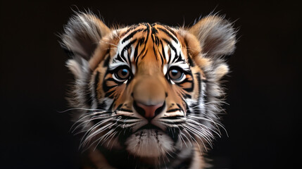 Portrait of a young tiger on a dark background with an attentive gaze - obrazy, fototapety, plakaty