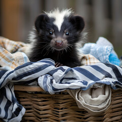A Skunk in a laundry basket 