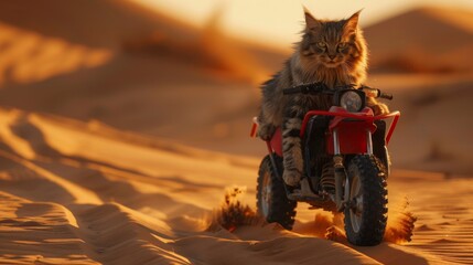 Gray cat on quad bike running in the desert, generated with AI