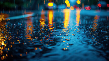 A wet asphalt road with reflecting streetlight lights in the evening. - obrazy, fototapety, plakaty