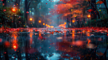 Rainy forest with the reflection of red lights on the wet road