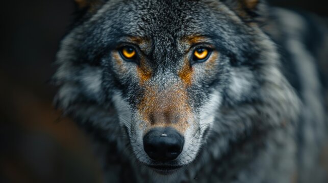 High-contrast photo of a wolf's face, up close, calmly staring, bright yellow eyes, black fur, studio background,generated with ai