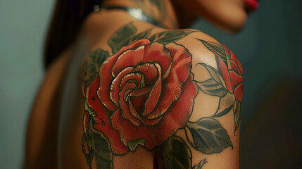 A close-up shot focusing on a beautifully detailed red flower tattoo on a woman's shoulder