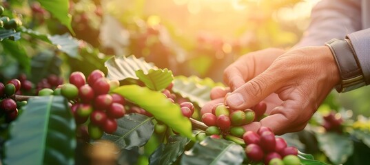 Naklejka na ściany i meble Farmer handpicking arabica or robusta coffee berries in agricultural field for harvesting