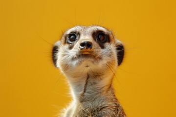 Meerkat stands and looks into the distance against a solid yellow background, generated with AI