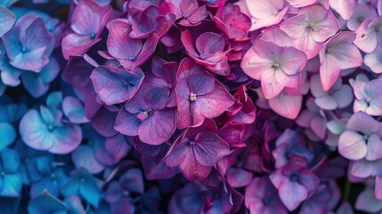 Flowers background banner texture - Closeup of purple blue beautiful blooming hydrangea field