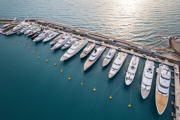 Aerial view of the Mega Yachts of the Mediterranean Sea in the French Riviera - Antibes, France