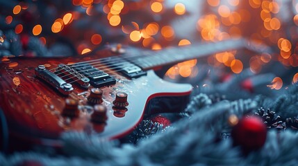 Close up electronic guitar on blurred concert background with bokeh effect, generated with AI - obrazy, fototapety, plakaty