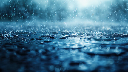 Rain pours down on the surface of the water, creating splashes and waves - obrazy, fototapety, plakaty
