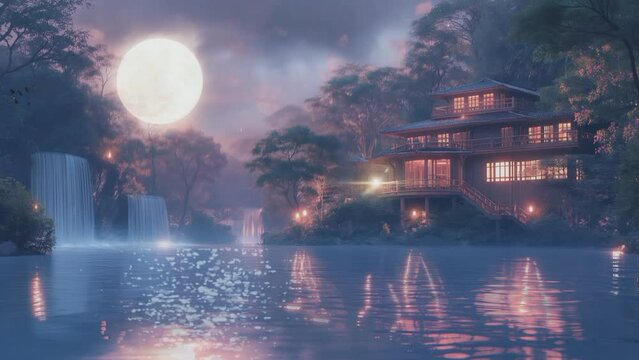 Night Time Oasis: Moonlit Waterfall, Twin kling Stars, and Cozy Wooden House by the Clear Pond.Seamless looping 4k time-lapse virtual video animation background