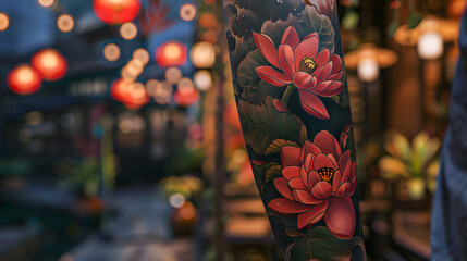 A colorful tattoo of flowers artistically adorns a person's body, set against a blurred cityscape with lanterns in the background