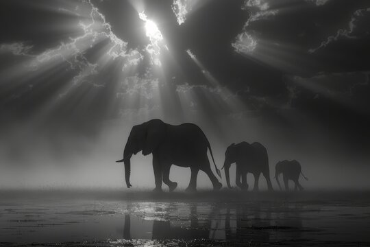 Photo of two african elephants dramatic lighting and shadows, generated with AI