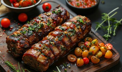 Professional photo about Braciole with perfect food presentation in the restaurant, top view, generated with AI