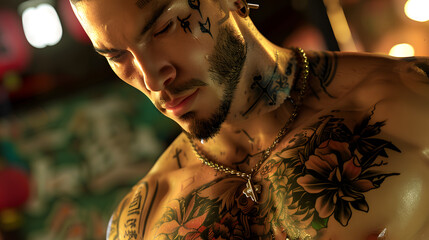 A close-up shot capturing the detailed tattoo artwork on a man's chest and arms, exhibiting a variety of patterns and subjects