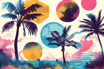 Summer vibe background with trendy halftone elements. Grunge graffiti pop art style. Detailed palm tree tops silhouettes and colorful circle shapes - obrazy, fototapety, plakaty