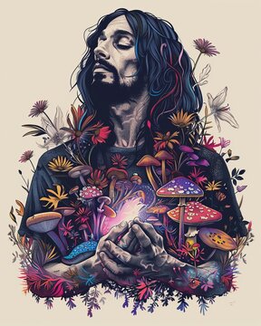 Psychedelic jesus holding psychedelic mushroom cluster t-shirt design,generated with ai