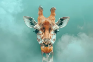 Fotobehang Giraffe Up Close on blue background - Wildlife Portrait, generated with AI © sch_ai