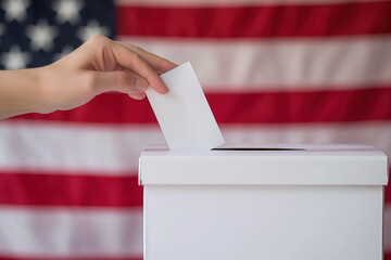 Election in United States of America. Voter puts envelope into vote ballot. USA flags in background. Democracy concept. Elections 2024. 