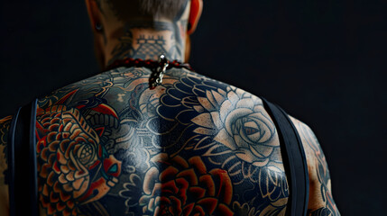 Rich, dark blue tattoos with mysterious symbolism cover the entire back of a man in this moody, atmospheric shot - obrazy, fototapety, plakaty