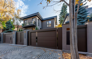 A gray private house of two floors hidden behind a fence with automatic sliding brown gates
