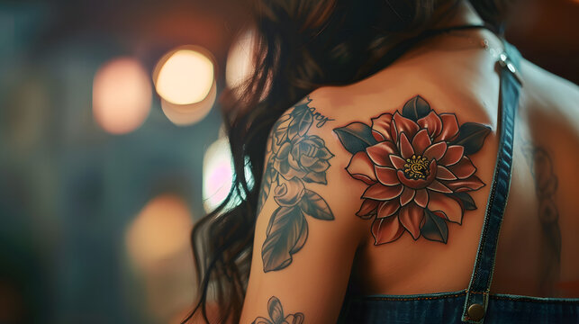 Softly blurred photograph emphasizing a tattooed flower on a woman's shoulder with bokeh lights