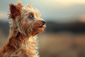 Yorkshire terrier with brown eyes looks into the distance.