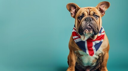 A British bulldog wearing a Union Jack bandana sits obediently promoting National Pet Month isolated on a gradient background