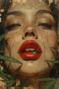 Retro collage style wheat paste of cannabis smoking red lips vintage, generated with ai