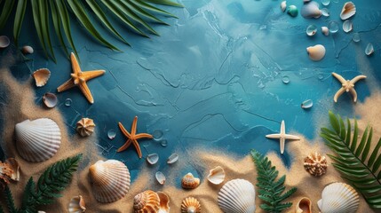 Banner with summer vibes and lots of sea shells, palms, sand, water, sea star on a middle, blue background, fresh, generated with ai