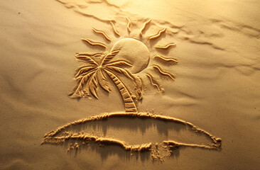 Drawing on sand illustrates a relaxing beach scene with palm tree and sun. Summer vacation and...