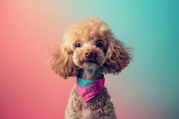 A meticulously groomed poodle sporting a National Pet Month bandana poses against a pastel gradient background