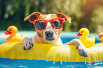 Dog with sun glasses laying on a inflatable bed. Summer vacation and travel concept. - obrazy, fototapety, plakaty