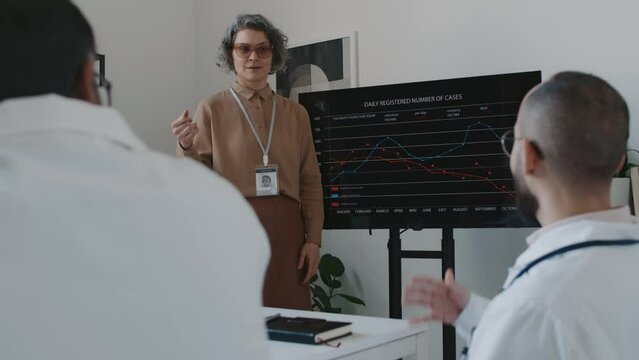 Medium over-shoulder shot of confident Caucasian female hospital executive standing at multimedia screen in office with medical directors, asking about reasons for decrease in revenue