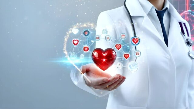 Female doctor with stethoscope holding heart beat symbol