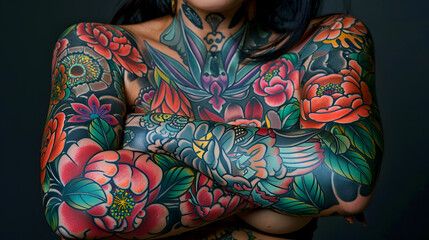 The photograph shows a woman with her arms crossed, covered in vibrant, full-body floral tattoos