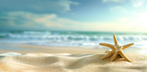 Fototapeta na wymiar Summer vacation and travel concept. Sea star and shells on the beach. Empty space blurred background. Blue ocean and sky. Sandy beach.