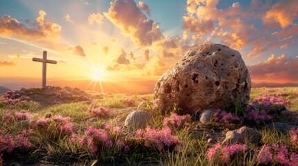 Symbolic easter representation  cross on empty tomb stone in picturesque sunrise meadow scene - obrazy, fototapety, plakaty
