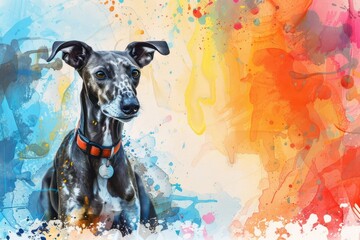 A sleek greyhound wearing a National Pet Month UK badge sits poised against a vibrant watercolor illustration background - obrazy, fototapety, plakaty