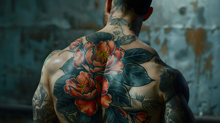 Detailed back tattoo design with vibrant colors and intricate patterns, showcasing artistic body modification
