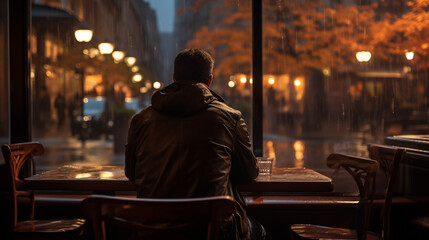 Man Contemplating in a Coffee Shop on a Rainy Evening - obrazy, fototapety, plakaty