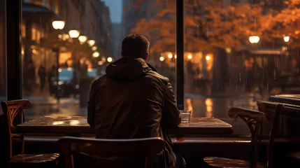 Fotobehang Man Contemplating in a Coffee Shop on a Rainy Evening © heroimage.io