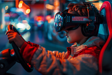 A boy plays a racing game while wearing a virtual reality headgear.