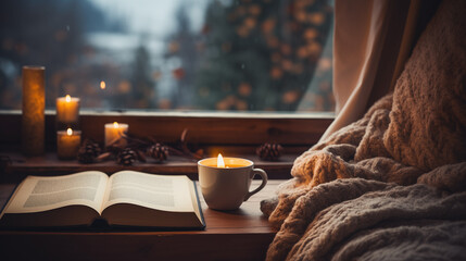 Intimate Winter Evening with Candles, Book, and Pine Cones by Snowy Window