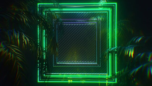 Against the background of tropical plants, glowing frames with neon lights, useful for displaying text and logos, seamless loop 4K

